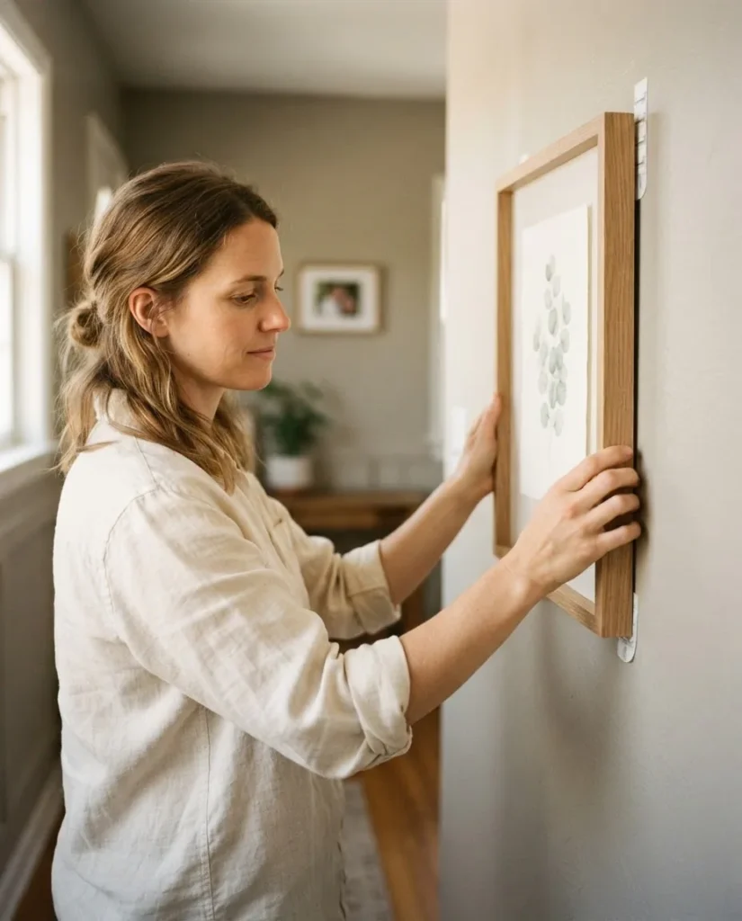 Close-up of a framed print being positioned on a narrow hallway wall using adhesive strips, warm interior light, rental-friendly styling