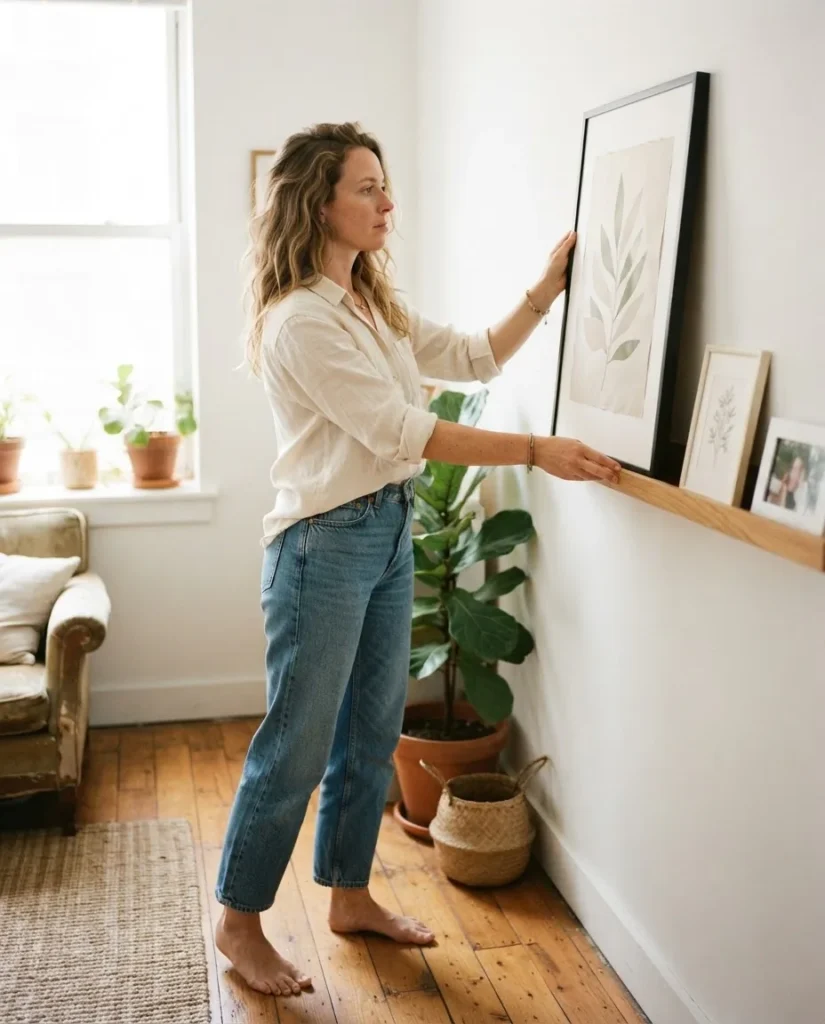 Woman in casual linen clothing leaning a large framed minimalist print against a white wall on a wooden picture ledge in a bright rental apartment, natural light, warm neutral tones