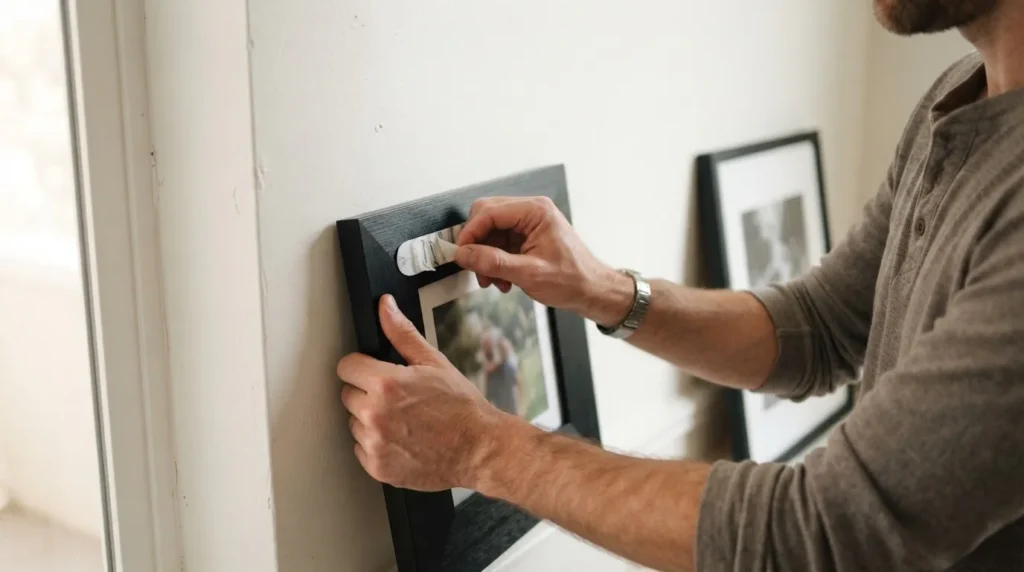 Man's hands applying Command picture hanging strips to the back of a framed art piece against a white apartment wall, renter-friendly hanging method
