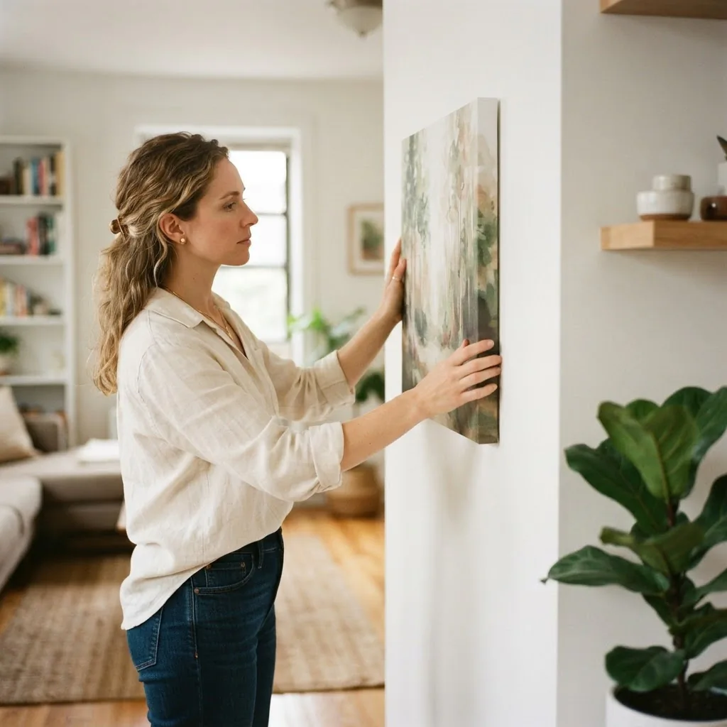 Young woman carefully positioning a nature canvas print on a white apartment wall using damage-free adhesive strips, natural light, casual linen clothing, candid real-home moment