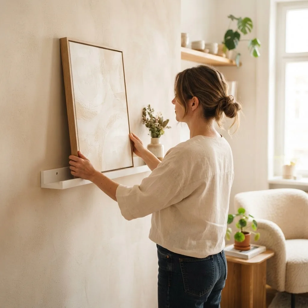 Woman arranging neutral canvas art on a picture ledge in a renter-friendly apartment with no nails or wall damage