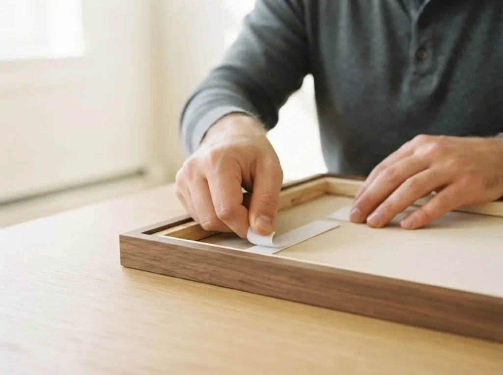 Man's hands carefully pressing adhesive Command picture-hanging strips onto the back of a small framed canvas print, preparing to hang it on a white apartment wall, natural light, close-up detail shot