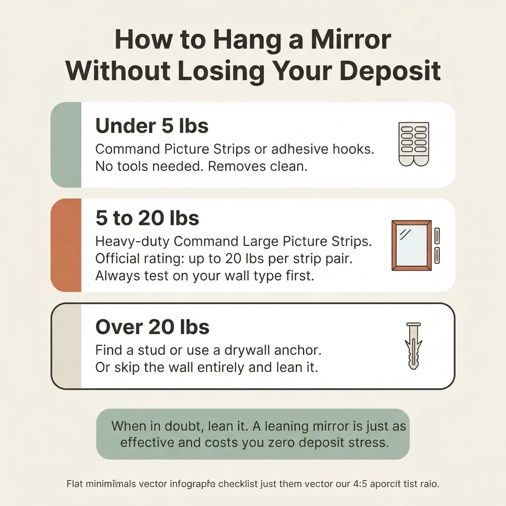 infographic checklist showing renter-friendly mirror hanging methods by weight tier from adhesive strips to wall anchors to leaning