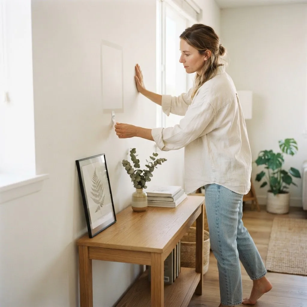 Young woman carefully pulling an adhesive strip tab down a smooth painted apartment wall beside a removed picture frame, bright natural light, calm and focused expression
