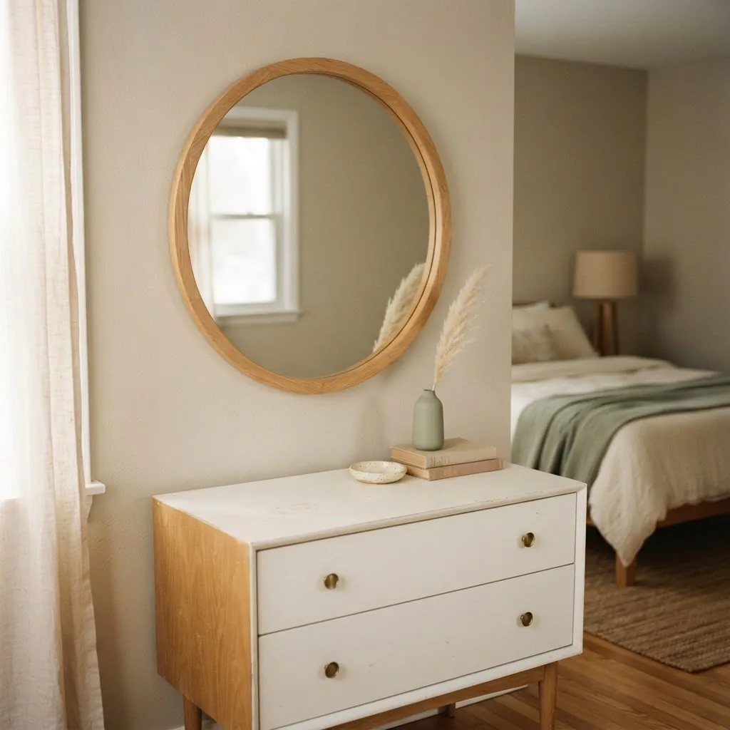 Round mirror with natural wood frame hung above a white dresser in a calm minimal bedroom with warm morning light and soft linen textures