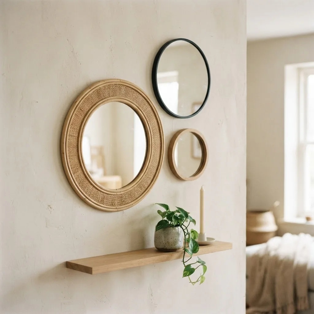 Three round mirrors in graduated sizes arranged as a cluster wall grouping above a shelf in a boho-minimal living room with warm neutral walls