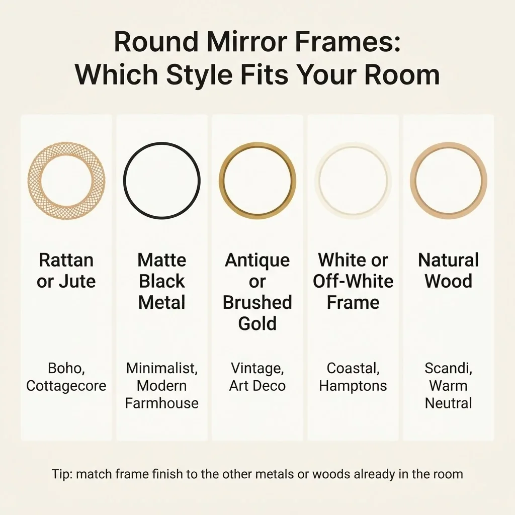 Round mirror frame finish style comparison chart showing rattan, matte black, gold, white, and wood frames matched to boho, minimalist, vintage, coastal, and Scandi decor styles