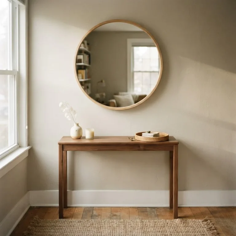 Round mirror wall decor above a narrow console table in a warm, minimal entryway with natural wood tones and a small vase