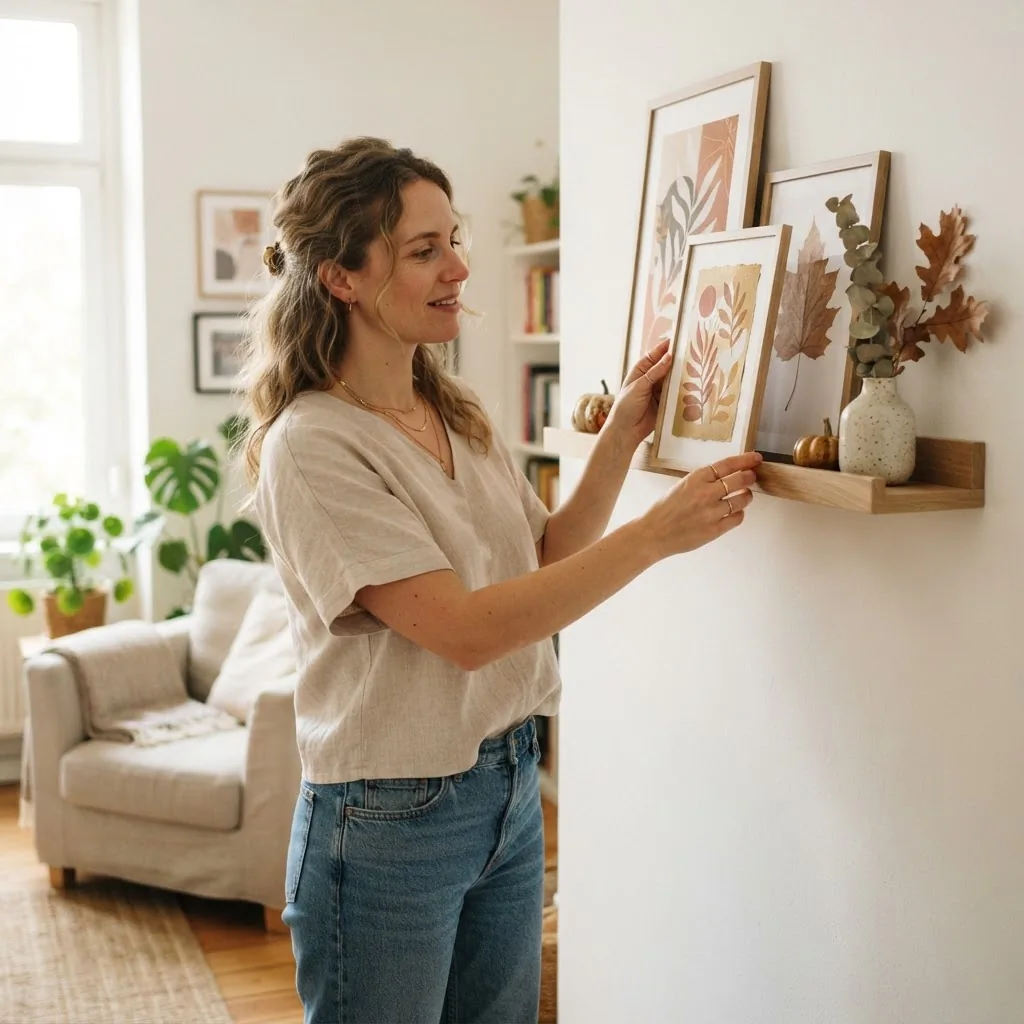 Young woman with light brown hair in linen top swapping a framed art print on a picture ledge shelf in a bright cozy apartment living room, natural light, relaxed candid moment