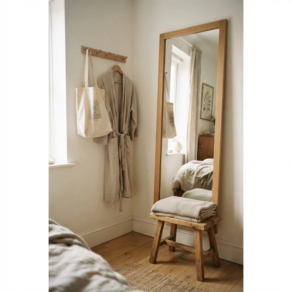 Small bedroom dressing corner with a tall leaning mirror, slim wall hook rail, and a low wooden stool, warm earthy tones, natural light, minimal and intentional styling