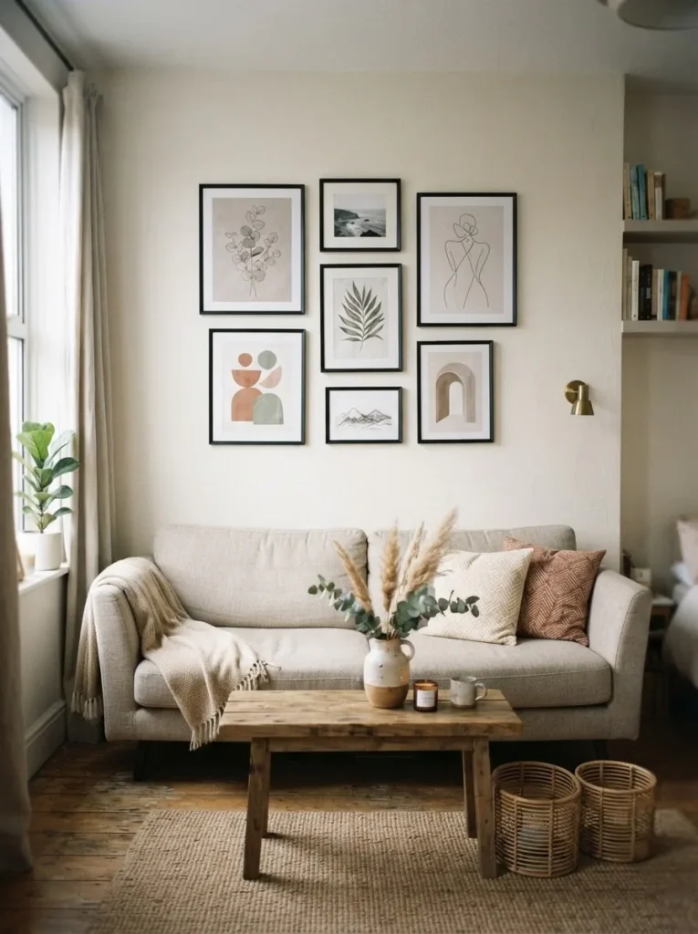 Curated small-space gallery wall above a neutral linen sofa, five to seven frames with consistent 2 to 3 inch spacing, warm natural interior light, budget renter-friendly wall decor