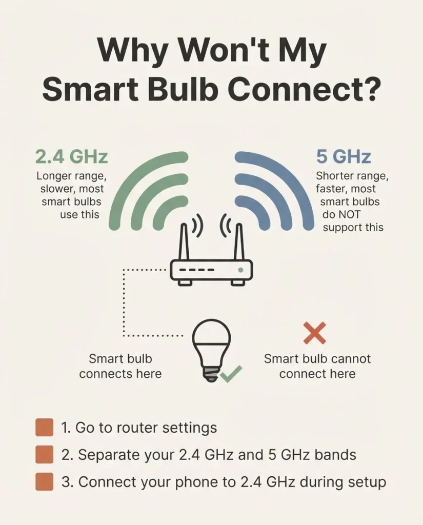 Diagram showing a home router broadcasting 2.4GHz and 5GHz Wi-Fi bands, with a smart bulb connecting only to the 2.4GHz band, setup compatibility explainer