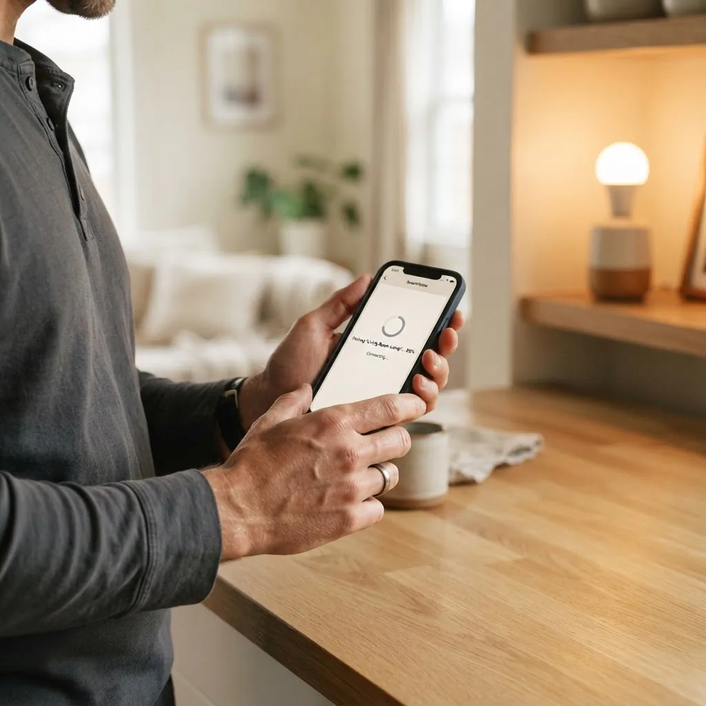 Man's hands holding a smartphone showing a smart bulb setup app screen in a home living room, warm natural light, smart bulb glowing in background lamp