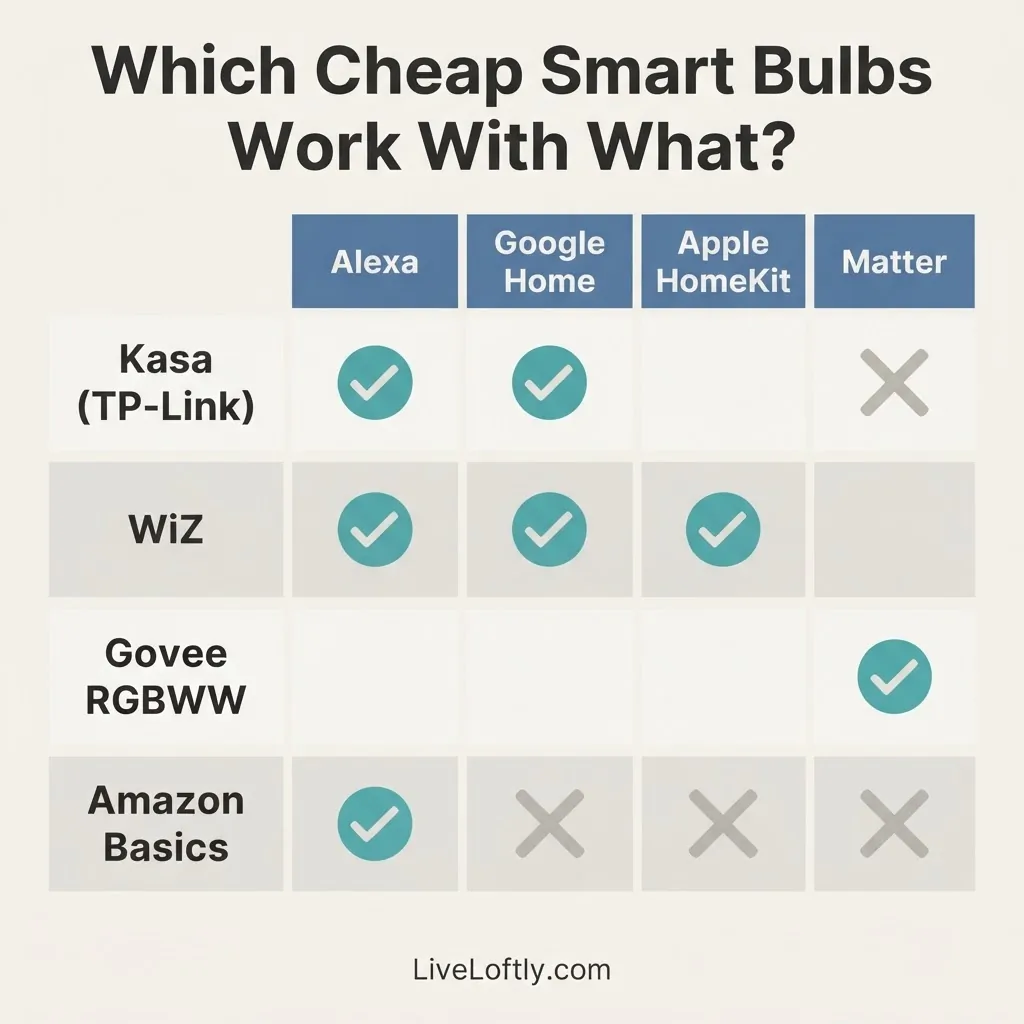 Infographic comparing smart bulb compatibility with Alexa, Google Home, Apple Home, and Matter, showing which brands work with each ecosystem