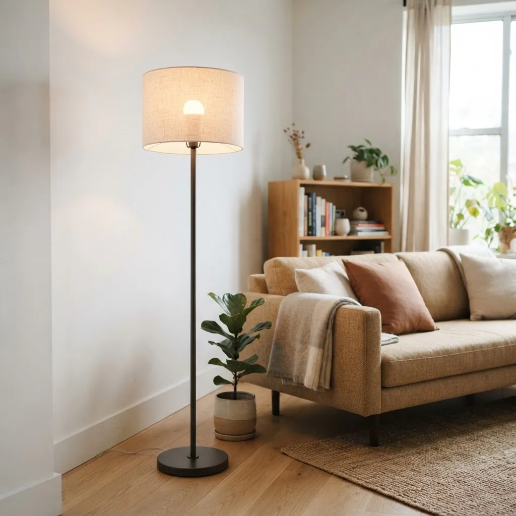 A19 smart bulb in a floor lamp in a small bright living room apartment setting, showing how smart bulbs require no wiring for renters