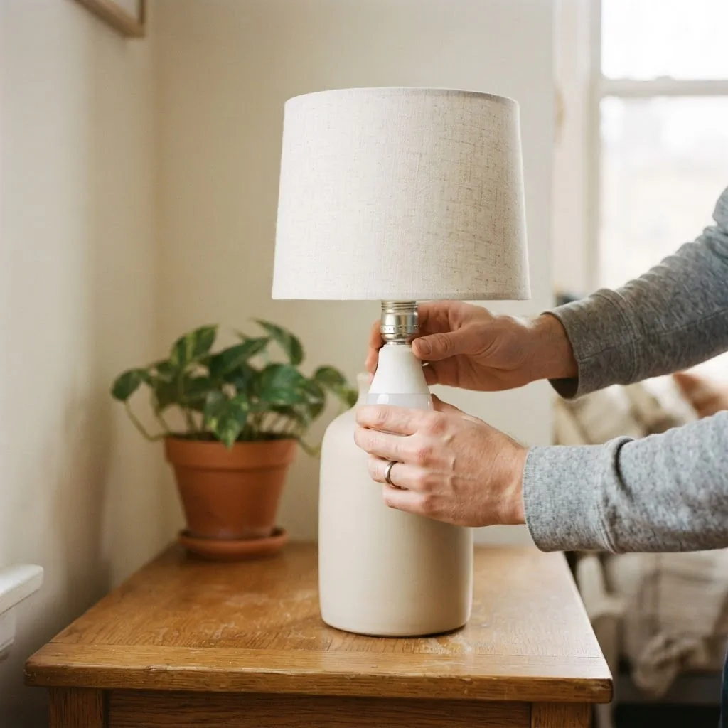 A man's hands screwing a smart bulb into a table lamp in a simply furnished apartment room with warm natural window light and minimal neutral decor