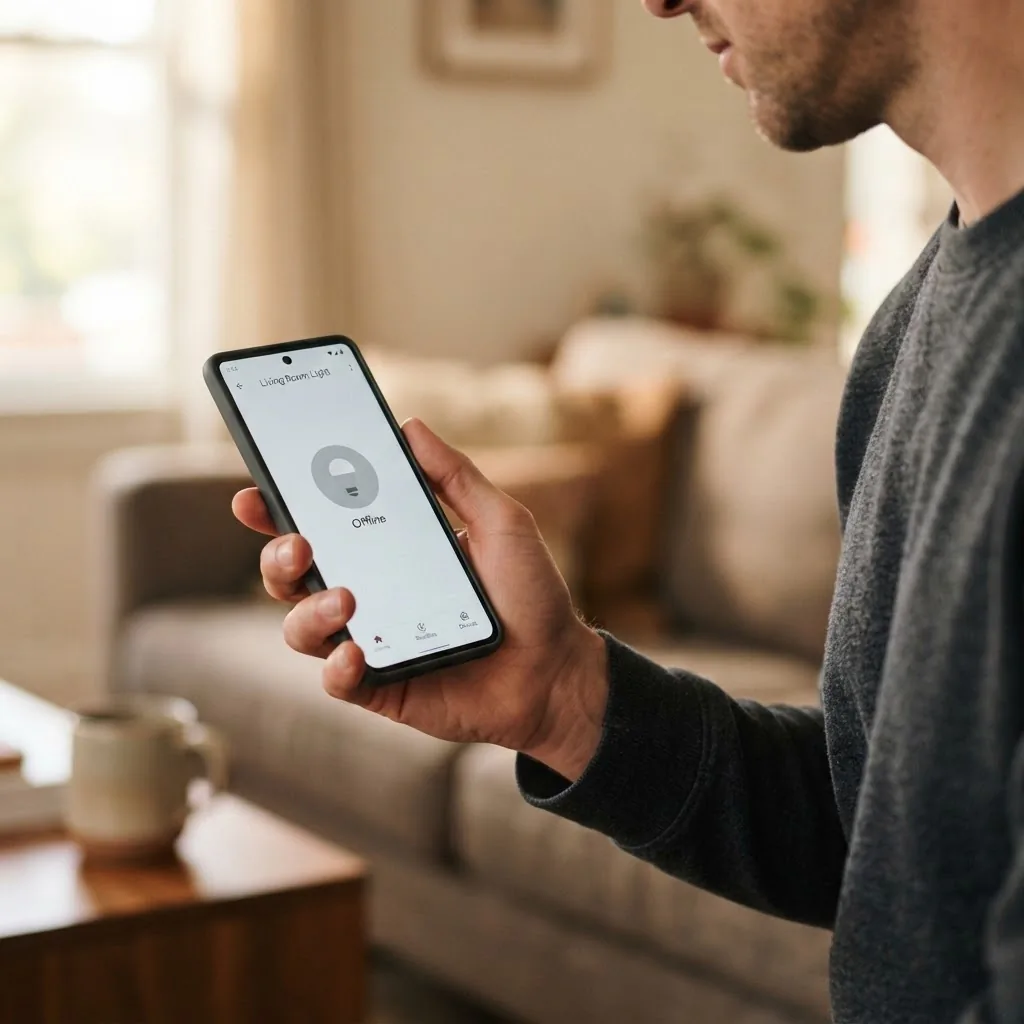Man's hand holding a smartphone showing a smart home app with a light bulb device listed as offline, real home interior background, smart bulb troubleshooting