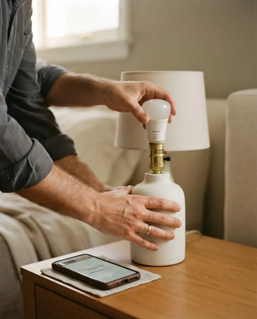 Person's hands screwing a WiZ smart bulb into a table lamp socket during home setup, phone with the WiZ app open nearby on a wood surface