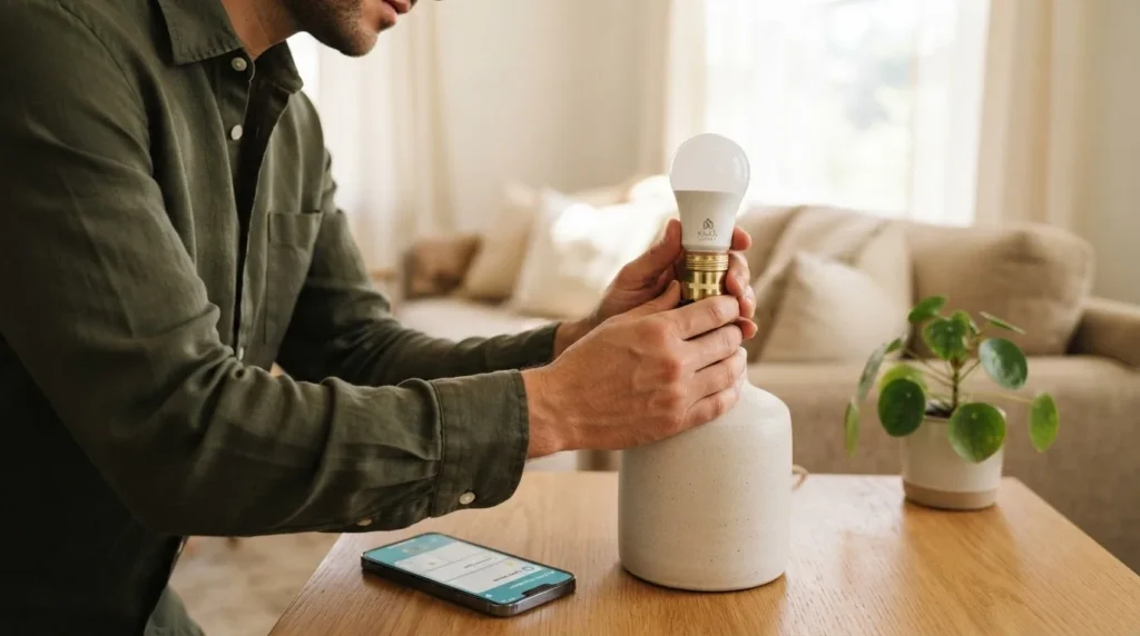 Close-up of a man's hands screwing a smart LED bulb into a table lamp in a bright apartment living room, smartphone visible on the table nearby showing a smart home app
