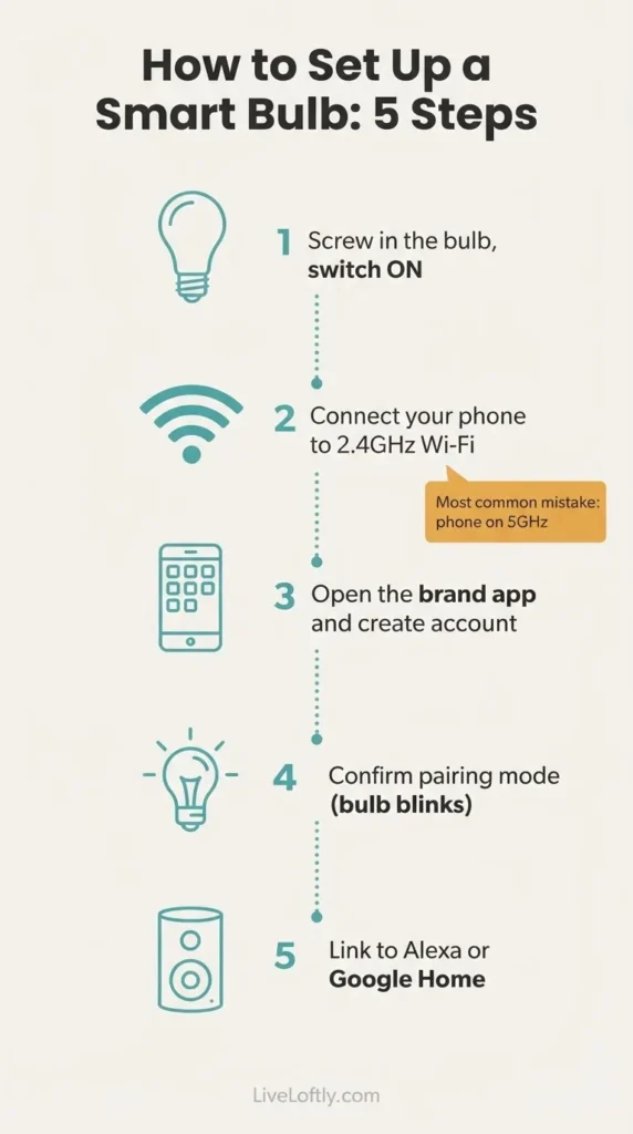 Step by step smart bulb setup checklist infographic showing app download pairing mode 2.4GHz WiFi and Alexa linking steps