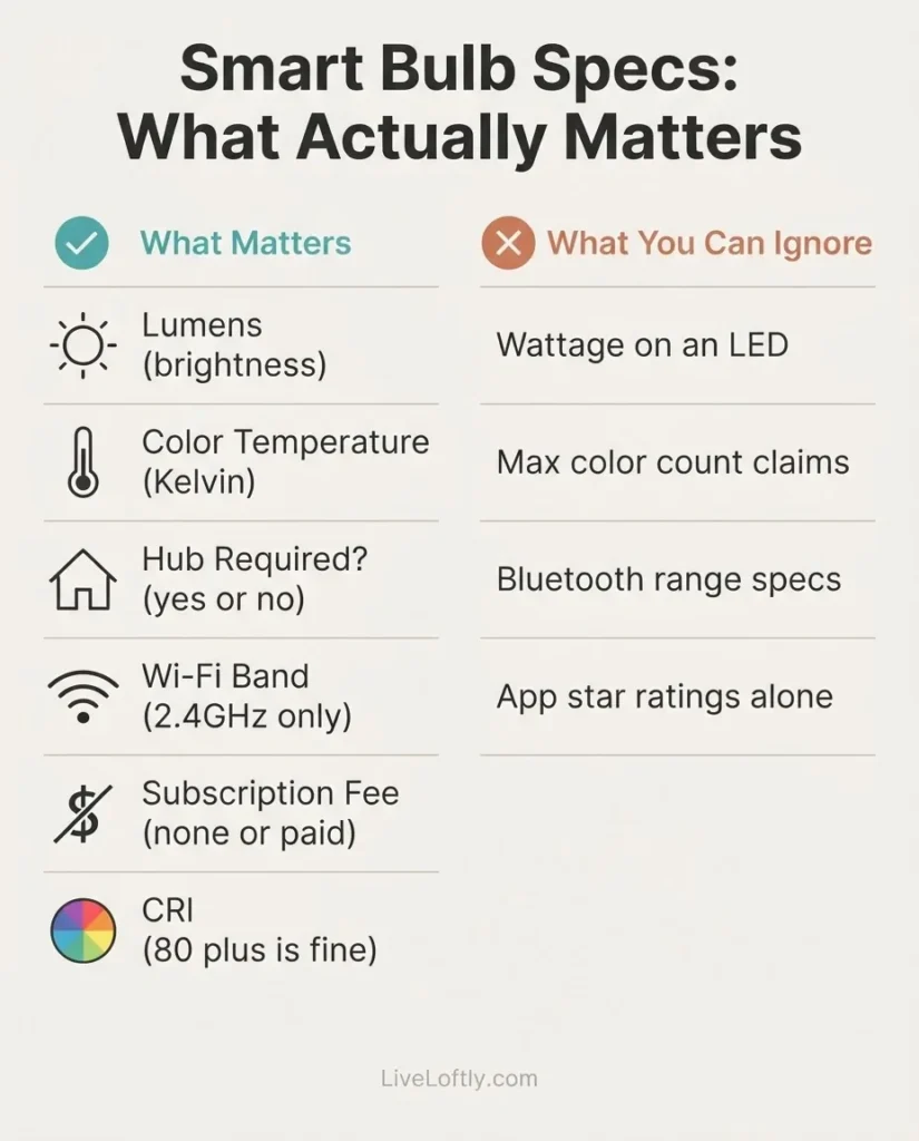 Infographic comparing smart bulb specs that matter including lumens brightness color temperature CRI hub requirement and subscription cost