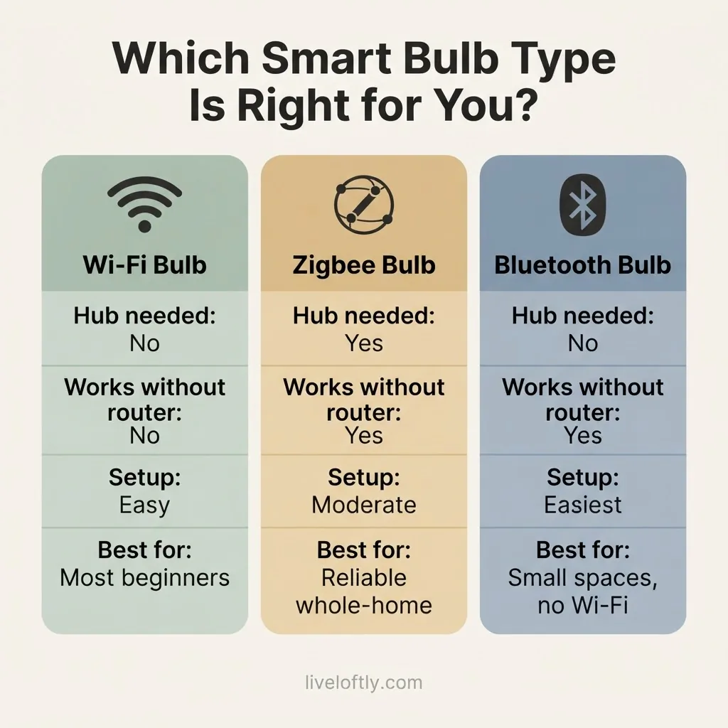 Comparison chart of three smart bulb types: Wi-Fi, Zigbee, and Bluetooth, showing hub requirements, offline capability, and best use case for each