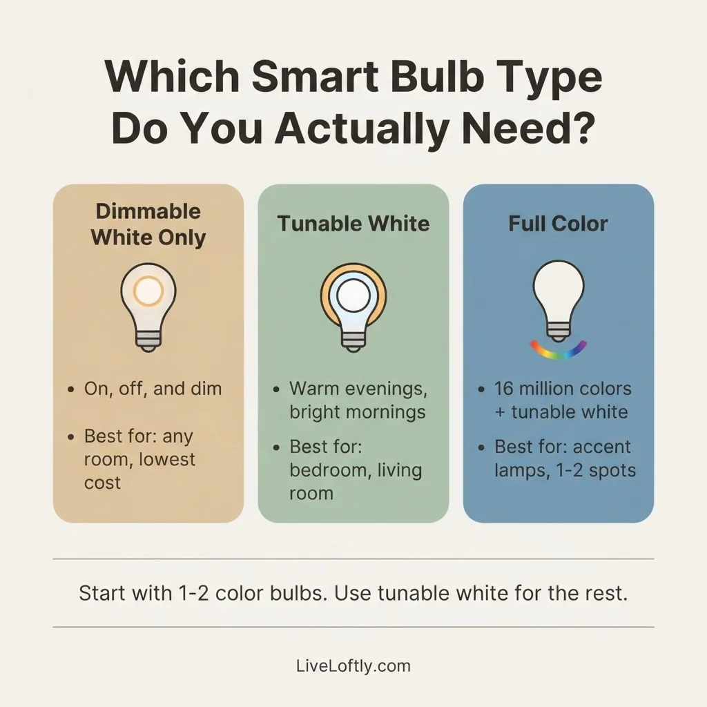 Comparison chart showing the three types of smart bulbs: dimmable white, tunable white, and full color, with use-case recommendations for each
