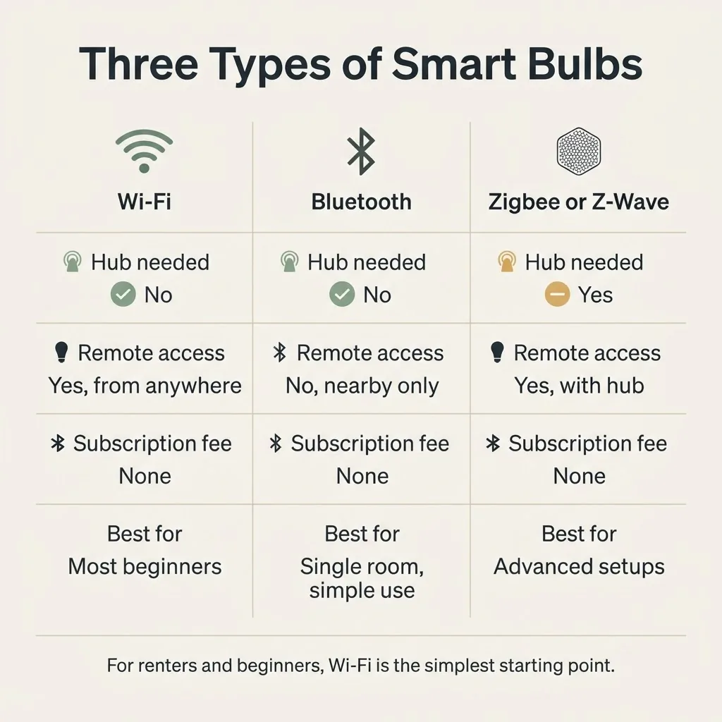 Minimalist comparison infographic showing three smart bulb types, Wi-Fi, Bluetooth, and Zigbee, with hub requirement, range, remote access, and best-for notes for each