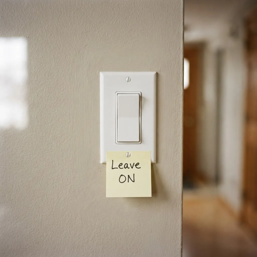 Rocker wall light switch in a home with a small handwritten sticky note reminder reading "leave on", smart bulb setup tip, real home interior