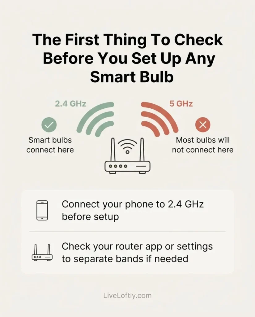 Infographic showing why smart bulbs require 2.4GHz Wi-Fi, with a simple router diagram and a checklist for connecting smart bulbs correctly