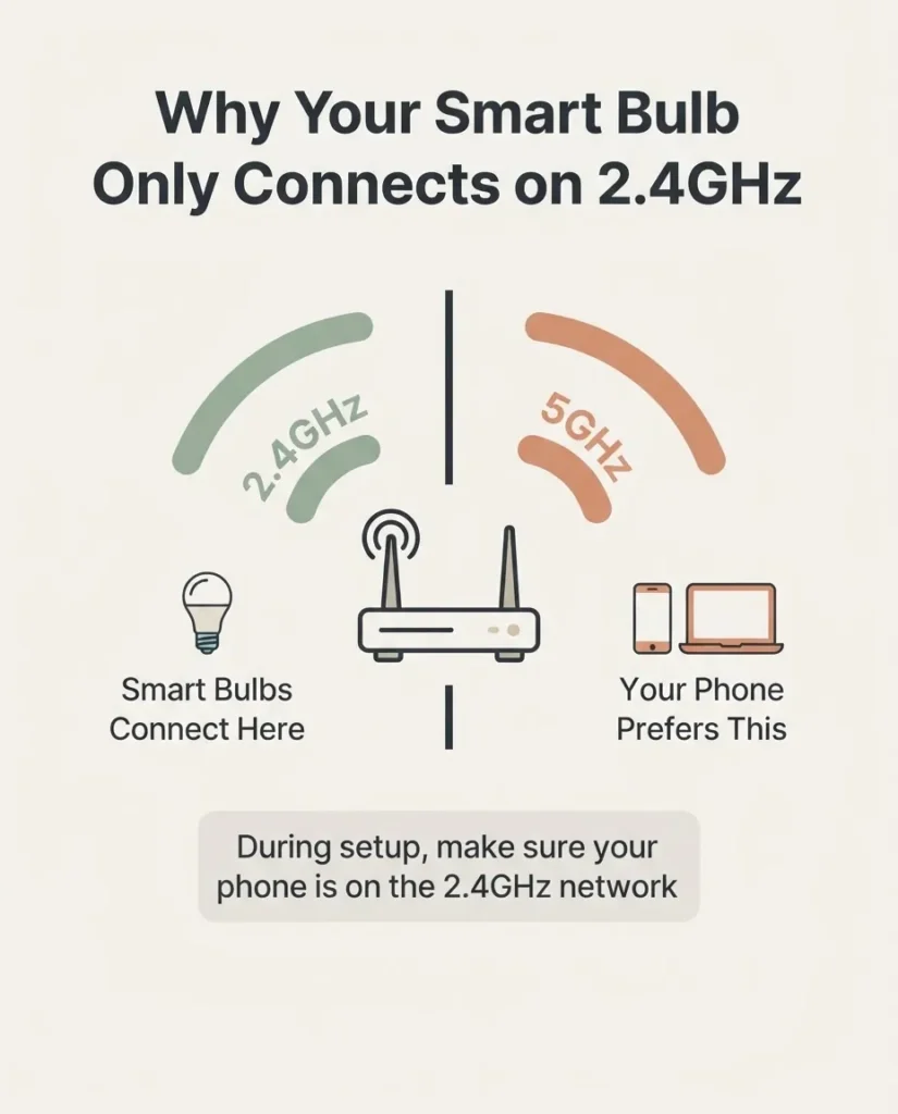 Infographic explaining 2.4GHz vs 5GHz Wi-Fi bands for smart bulbs, showing router broadcasting two bands and why smart bulbs only connect on 2.4GHz