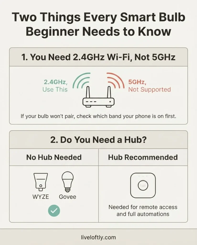 Infographic explaining 2.4GHz Wi-Fi requirement for smart bulbs and hub vs no-hub setup differences for Philips Hue, Govee, and Wyze