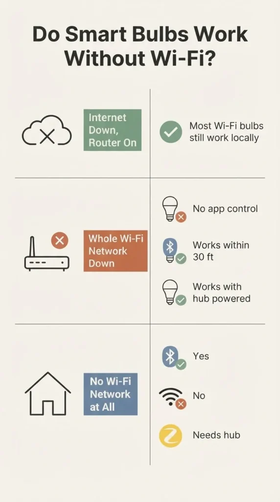Infographic showing three smart bulb scenarios: internet outage only, router down, and no Wi-Fi at all, with outcomes for each bulb type