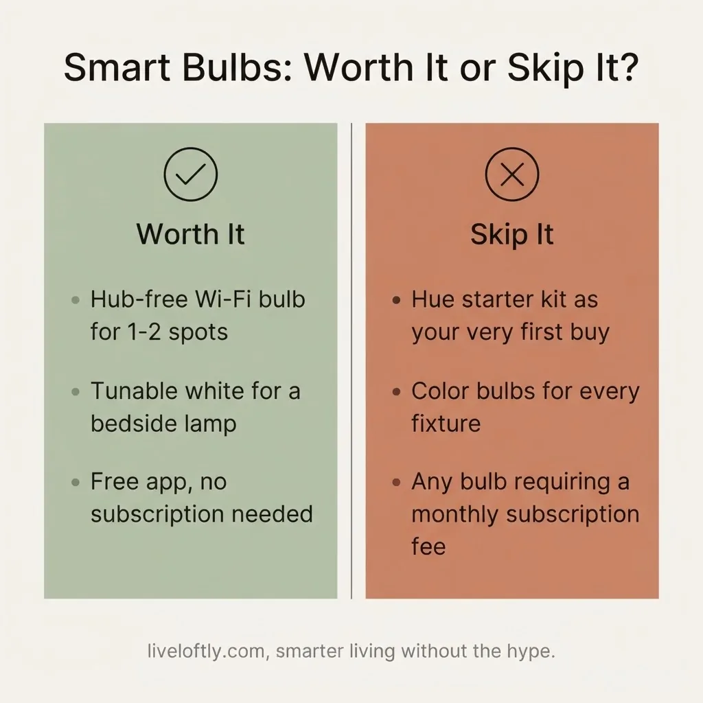 Worth it or skip it summary card for smart bulbs, listing honest buy and skip recommendations for beginner smart home buyers