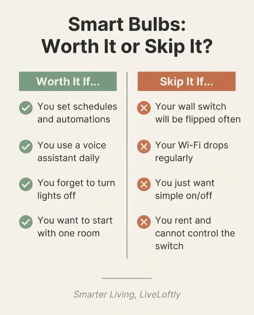 Worth it or skip it infographic for smart bulbs showing who benefits and who should wait, smart home buying guide summary card