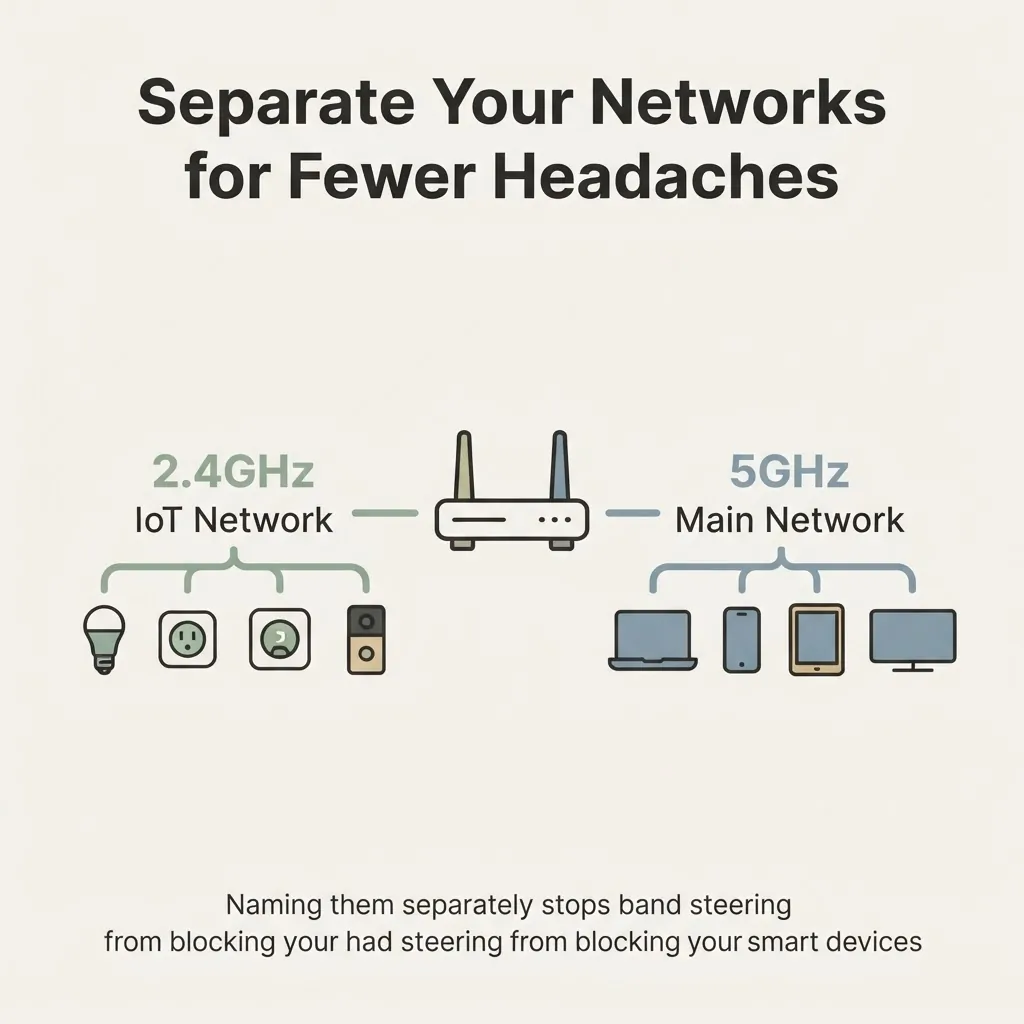 Flat vector diagram showing a home Wi-Fi router with separate 2.4GHz IoT network for smart devices and 5GHz network for phones and laptops, smart home troubleshooting guide