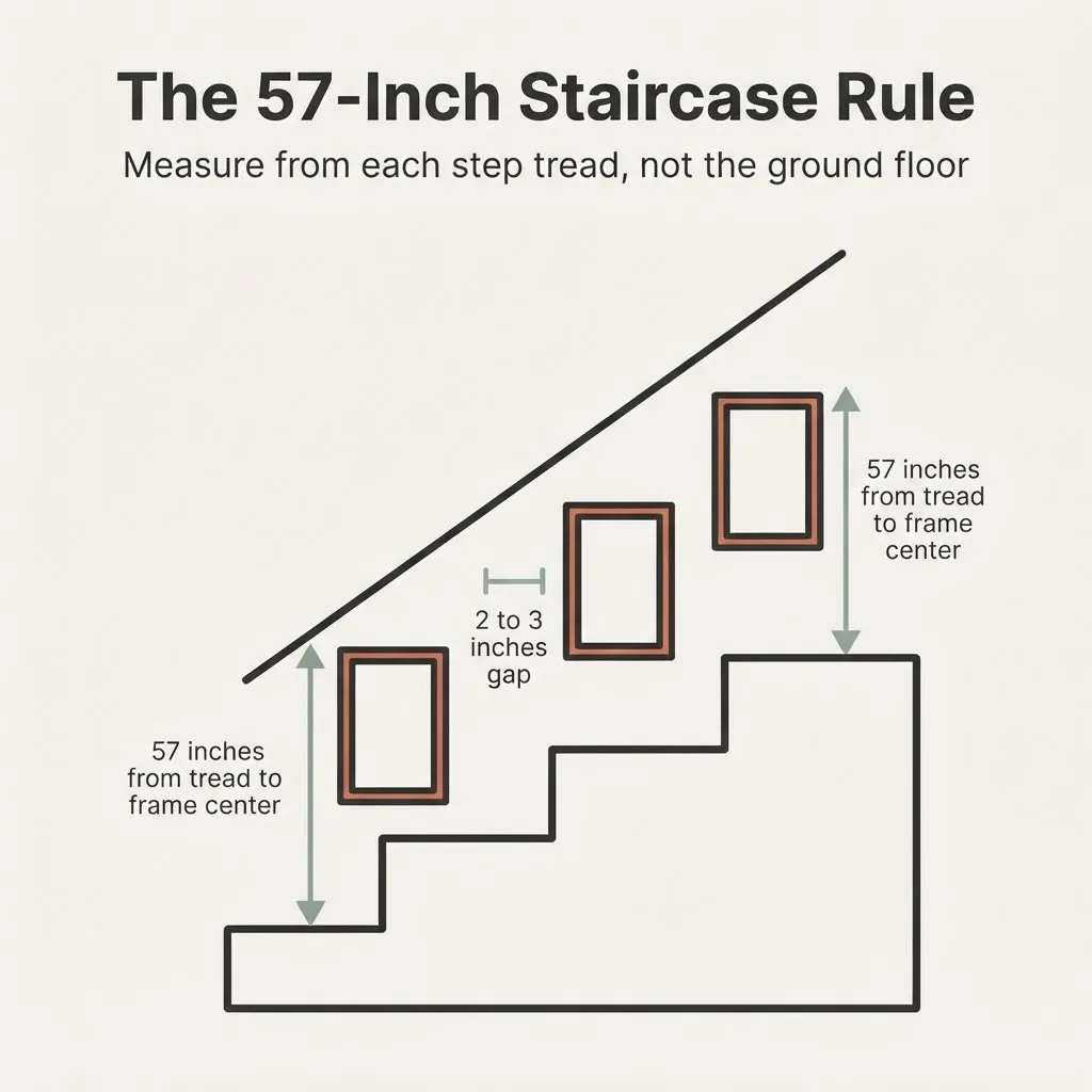 infographic showing the 57-inch center hanging rule applied to a staircase gallery wall with measurement labels
