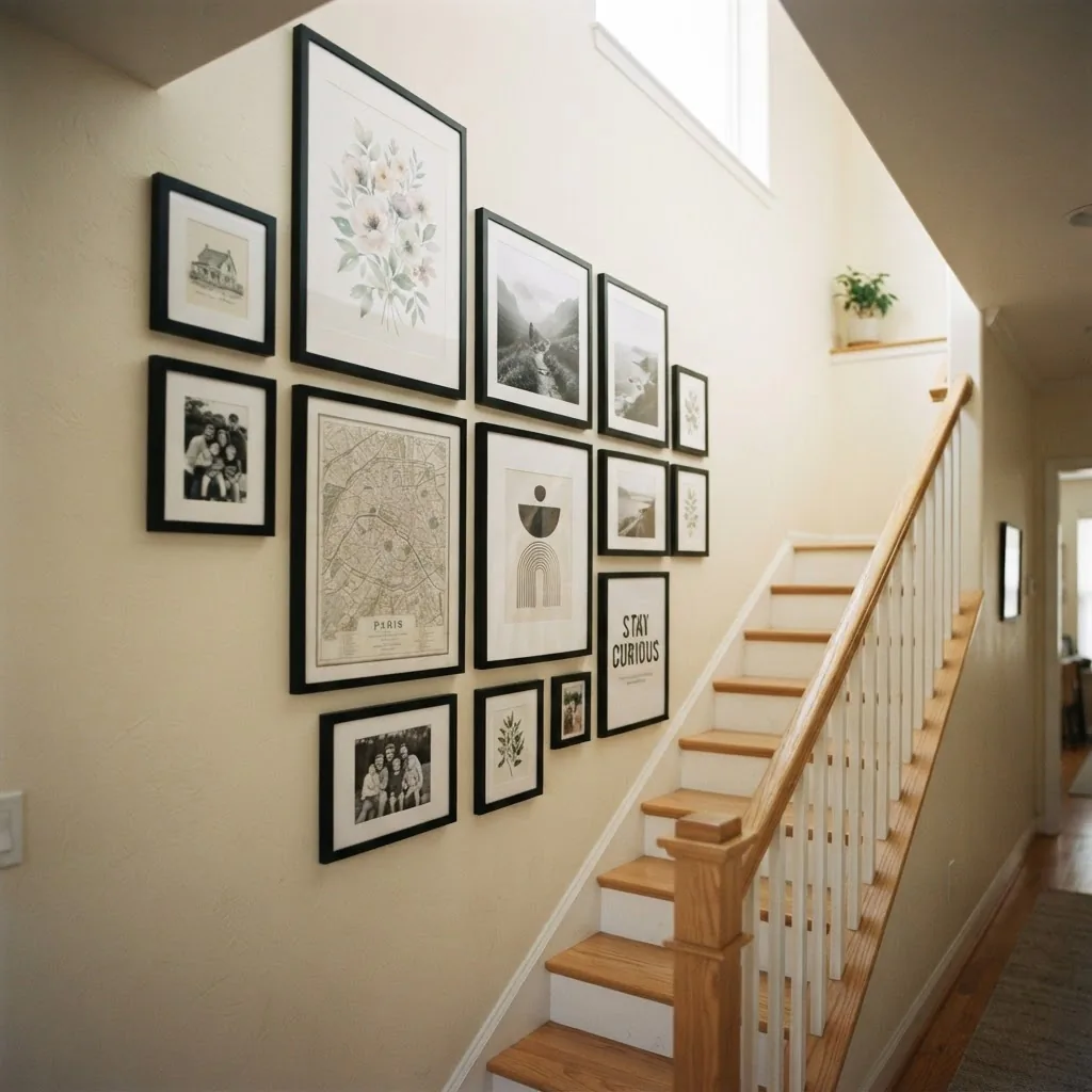staircase gallery wall with a mix of botanical prints, travel photography, quote art, and family photos in black frames