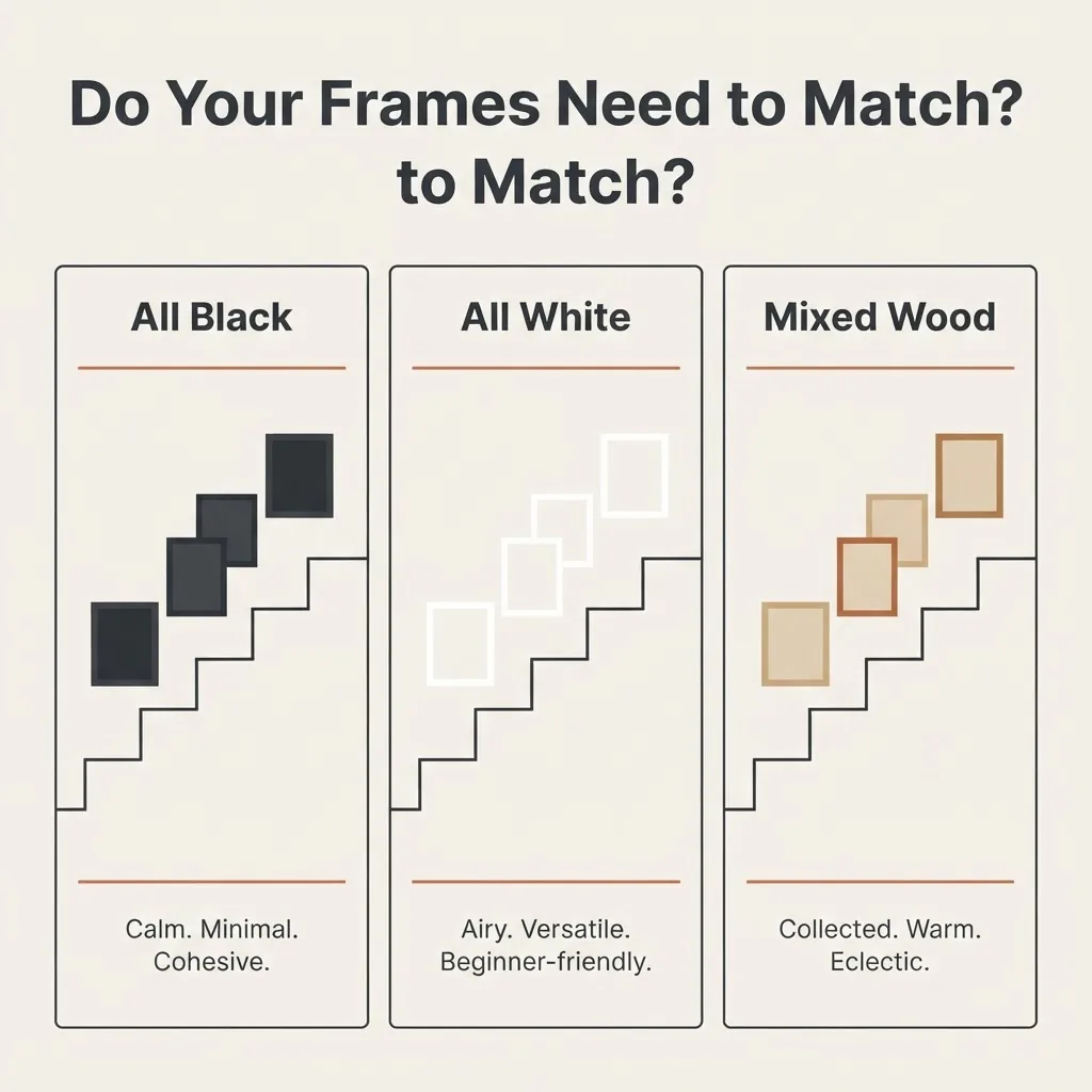 flat vector comparison of all-black frames vs all-white frames vs mixed wood frames on a staircase gallery wall