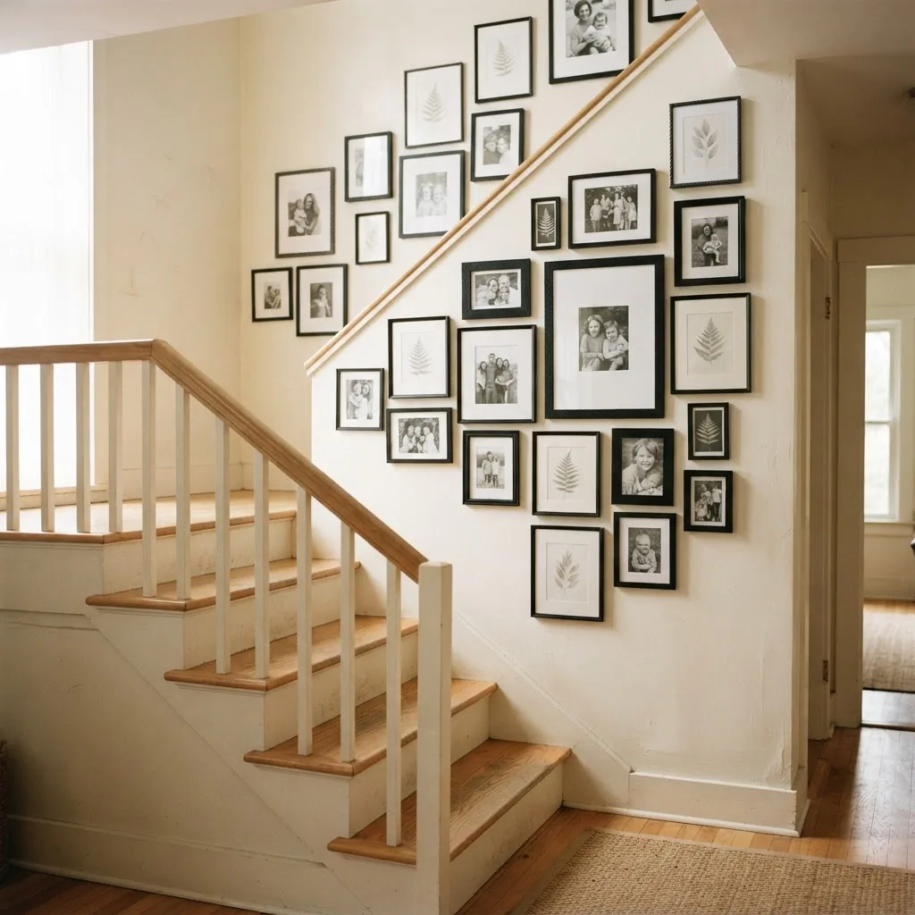styled staircase gallery wall with mixed black frames and botanical prints in a warm neutral home