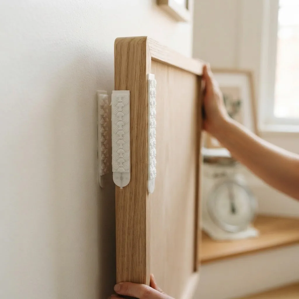 close-up of adhesive picture hanging strips on the back of a wood frame being applied to a smooth white wall