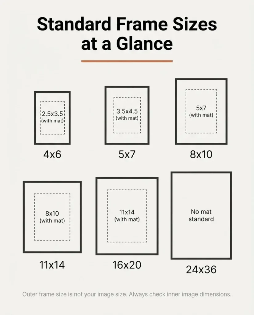 Infographic diagram showing standard picture frame sizes 4x6 5x7 8x10 11x14 16x20 and 24x36 with labeled inner image dimensions and mat offsets, flat minimalist style, buying guide for renters and beginners