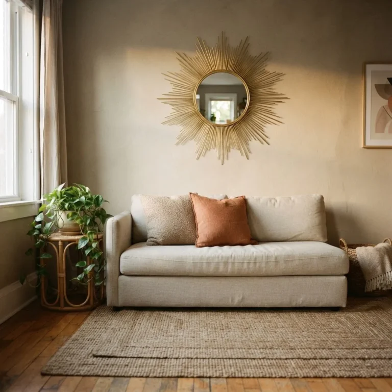 Gold sunburst statement mirror above a linen sofa in a calm neutral living room with warm natural window light