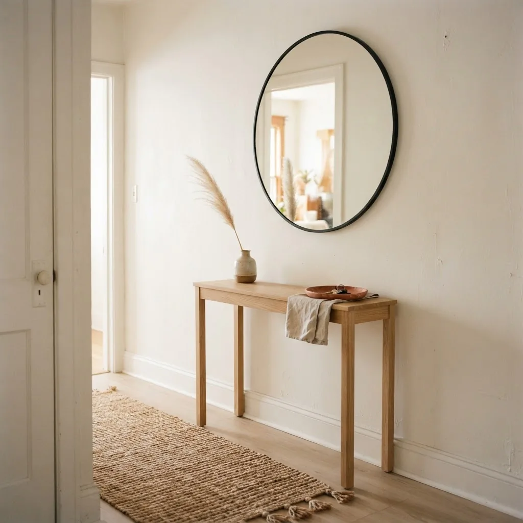 Large round statement mirror above a narrow console table in a bright rental apartment entryway with warm neutral tones