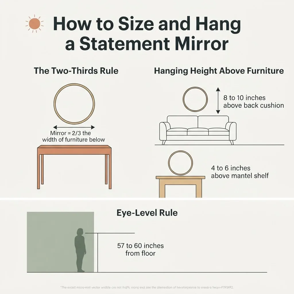 Infographic showing the two-thirds sizing rule and correct hanging heights for statement mirrors above furniture
