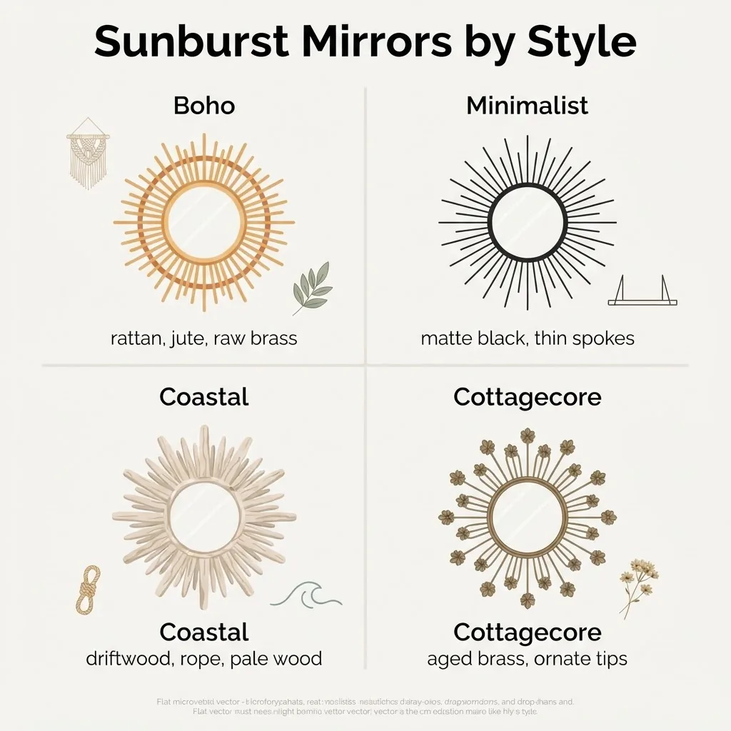 Style comparison infographic showing sunburst mirror finishes for boho, minimalist, coastal, and cottagecore decor