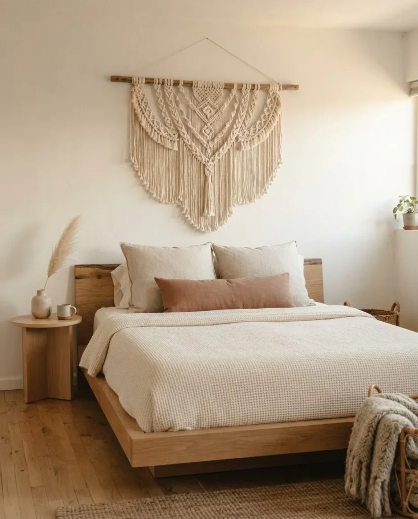 Large cream woven macrame wall hanging above a boho bedroom bed with layered neutral pillows and a linen duvet, renter friendly above bed wall decor