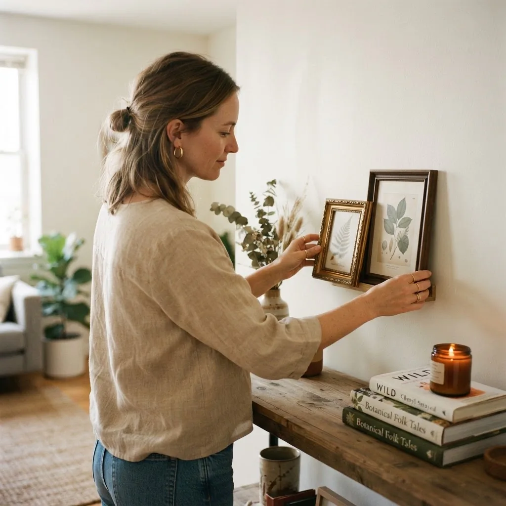 Woman arranging vintage thrifted frames on a console shelf in a bright apartment, leaning framed botanical prints against the wall, warm natural light, relaxed styling moment