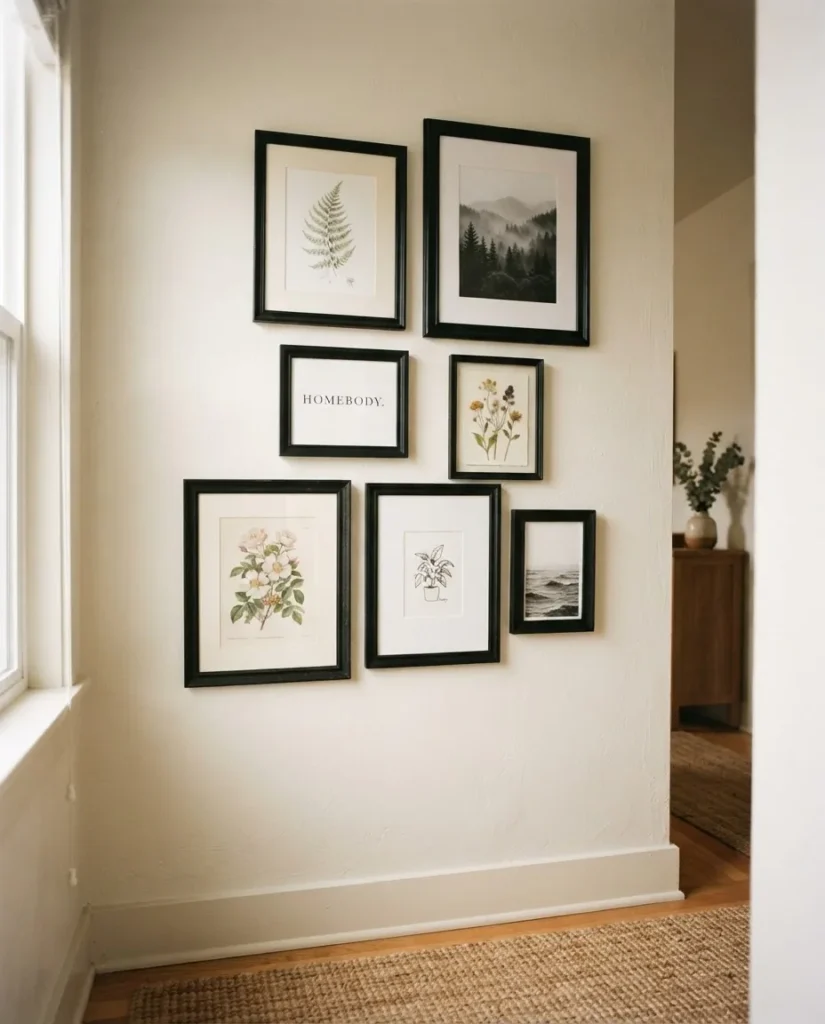 Small hallway gallery wall of mismatched thrifted frames in unified matte black finish, mix of botanical prints and personal photos, warm natural light