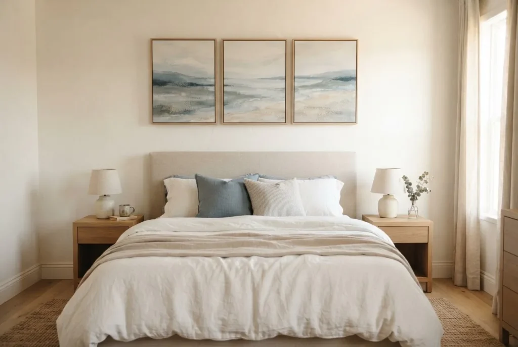 Three-panel triptych canvas print set hung above a bed in a cozy neutral bedroom, soft abstract landscape flowing across all three panels, warm linen bedding